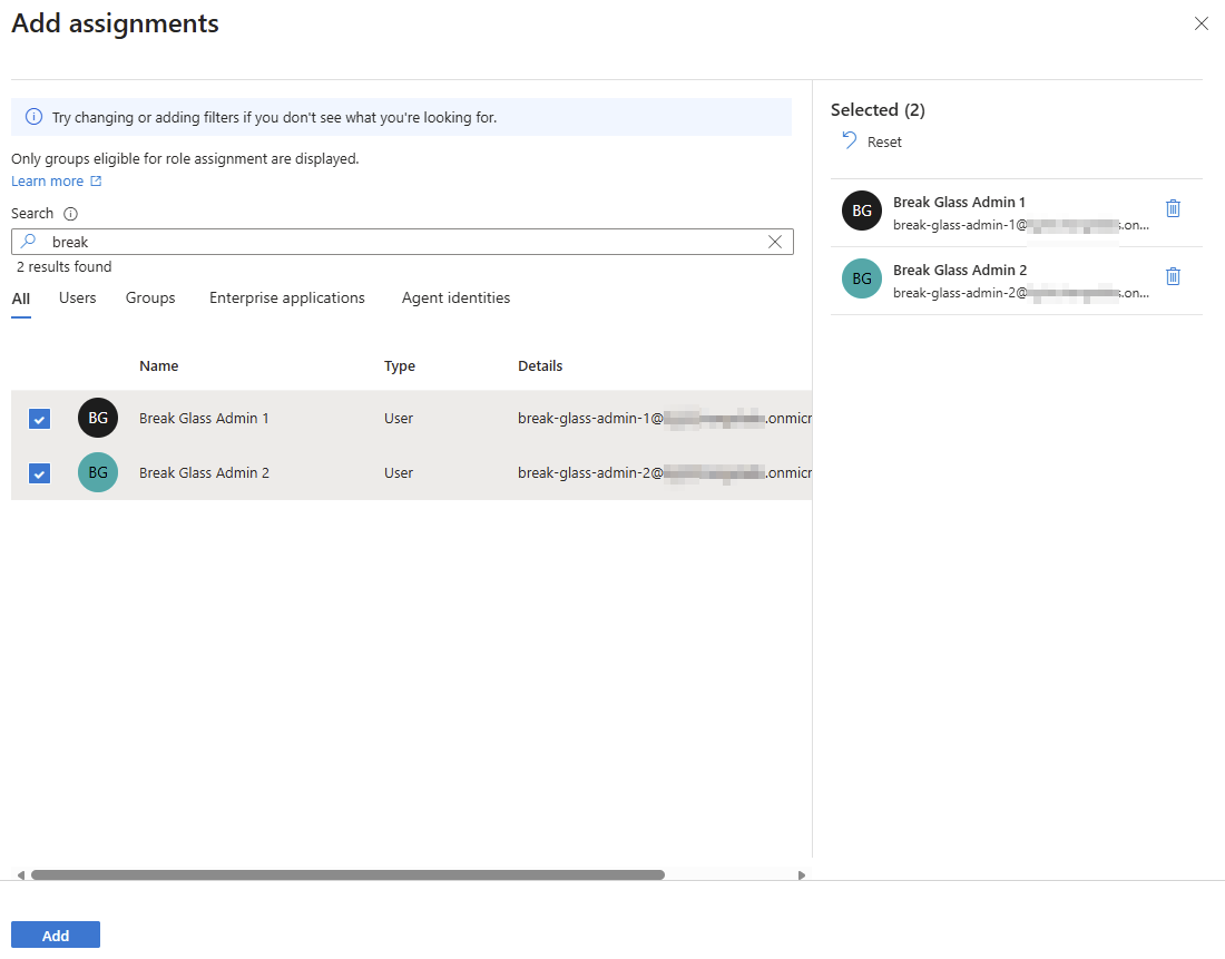 Screenshot of Entra's "Add assignments" interface